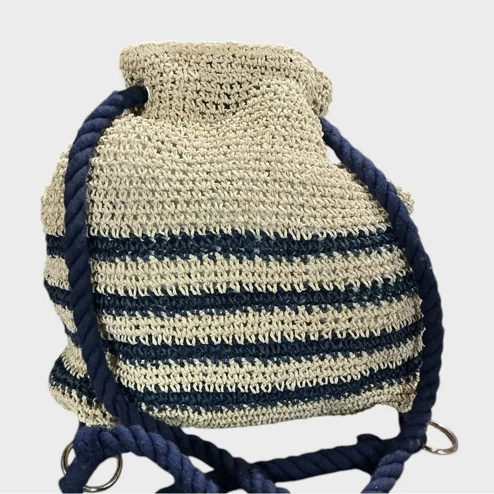 Cynthia Rowley Straw Drawstring Backpack Cream Navy Woven Boho Bag